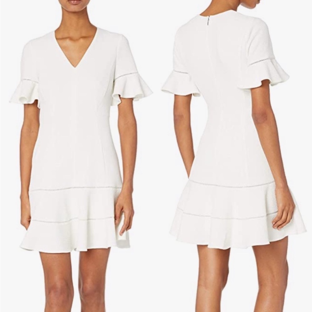 Rebecca Taylor Short-Sleeve Textured V-Neck Dress Size 00 White
